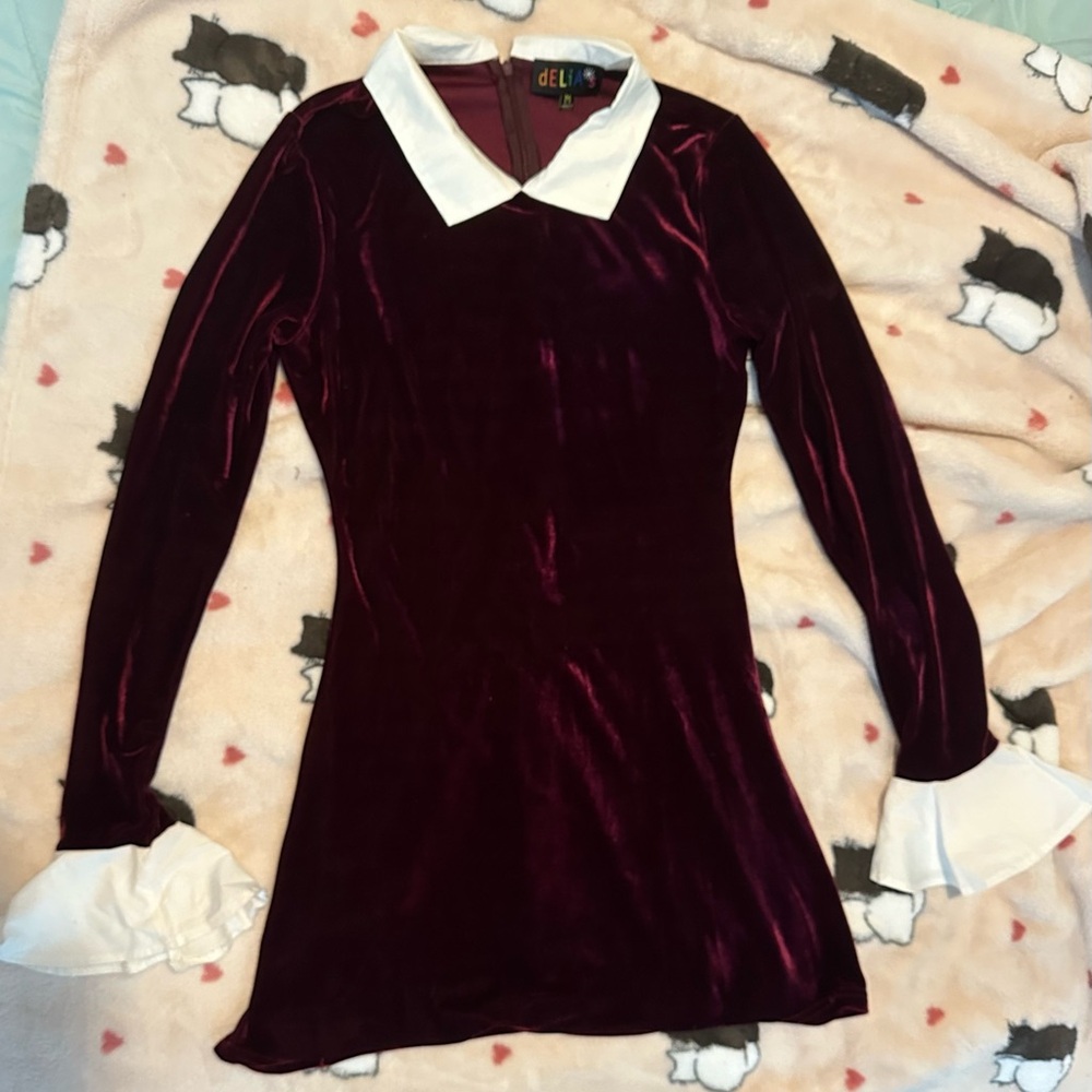 Dolls Kill Burgundy Velvet Dress with White Accents